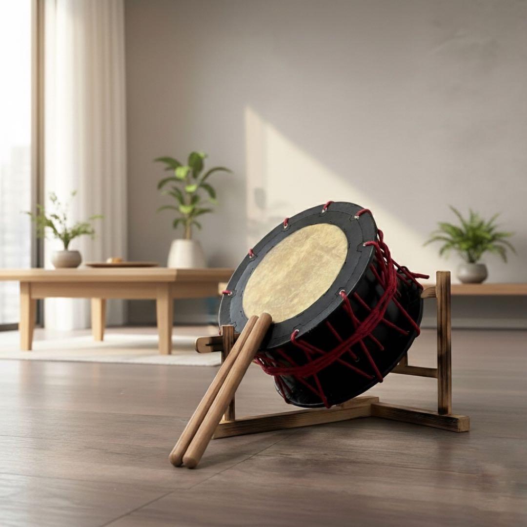 フォロー割【新品】【蔵出し】締め太鼓 牛革 和太鼓 バチ付 台付 入門用