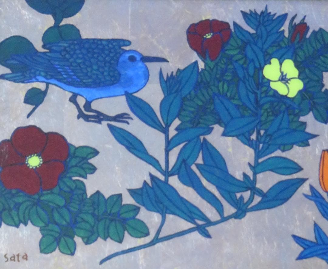 佐田　勝　「作品」（野の花・鳩）　ガラス絵　98×28cm　≪真作≫　MC