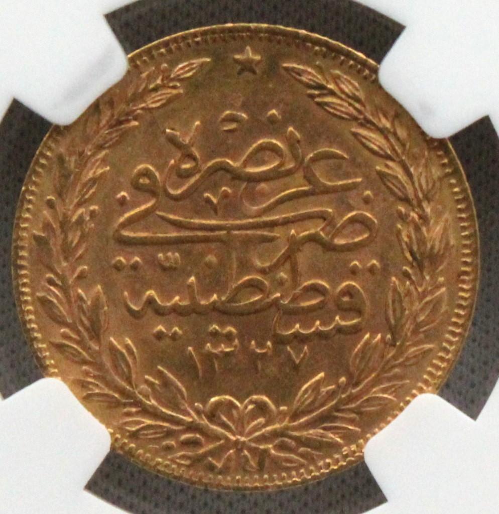 AH1327//9 オスマン・トルコ帝国 100クルシュ 金貨 NGC MS63