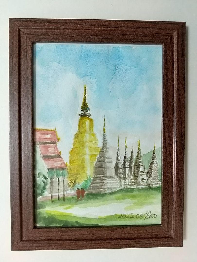 風景画　タイ　チエンマイ　お寺　水彩画　2枚もの　お寺　水彩画　SHO
