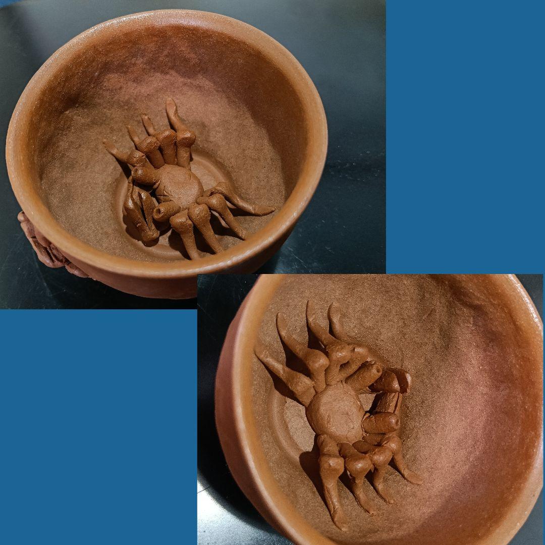 AN55 萬古焼 勝三 ぐい呑 湯呑 浮彫 カニ カッパ カエル 二点 酒器煎茶