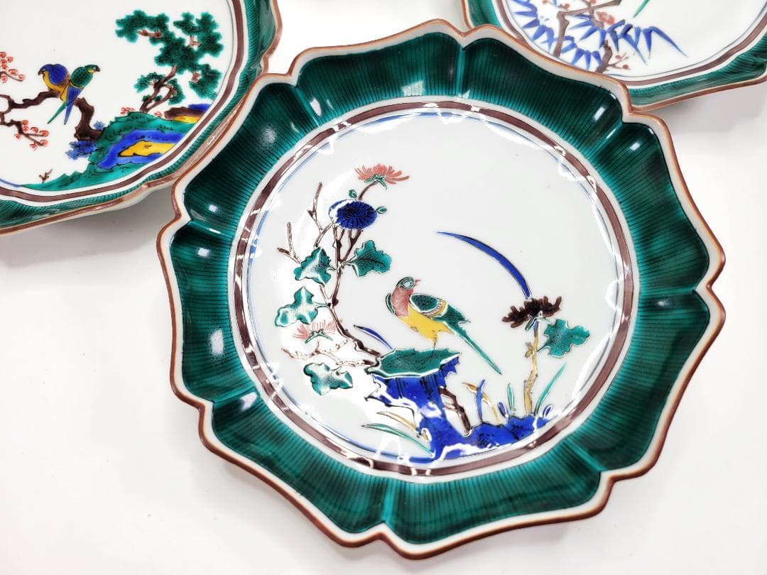 九谷焼名人 米田寿光作 花鳥文絵変り 銘々皿　４枚セット 桐箱付