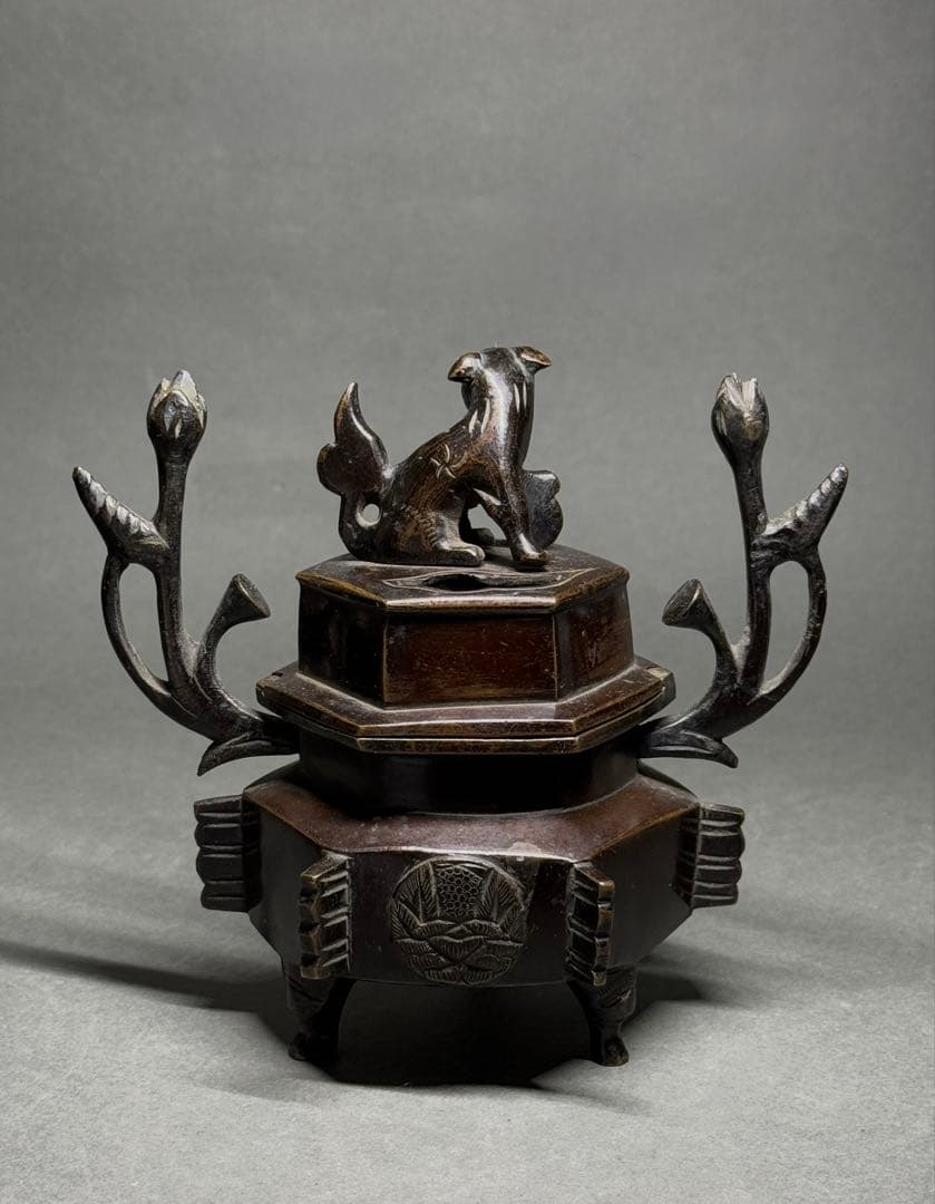 銅製 香炉 獅子蓋 銅炉 銅器 香道具 茶道具 仏具 台付 箱付