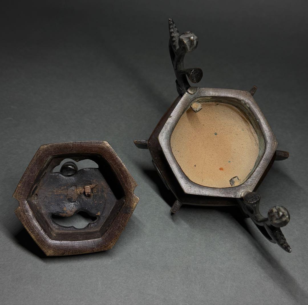 銅製 香炉 獅子蓋 銅炉 銅器 香道具 茶道具 仏具 台付 箱付