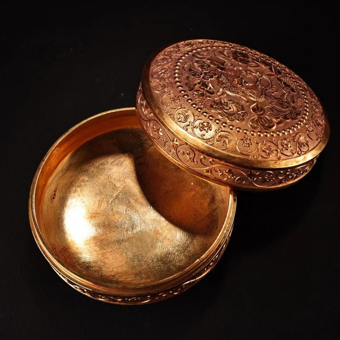 中国古美術・旧藏紫銅鎏金龍の首飾箱・細密彫・純手作り・高浮彫・文房・置物・茶道具