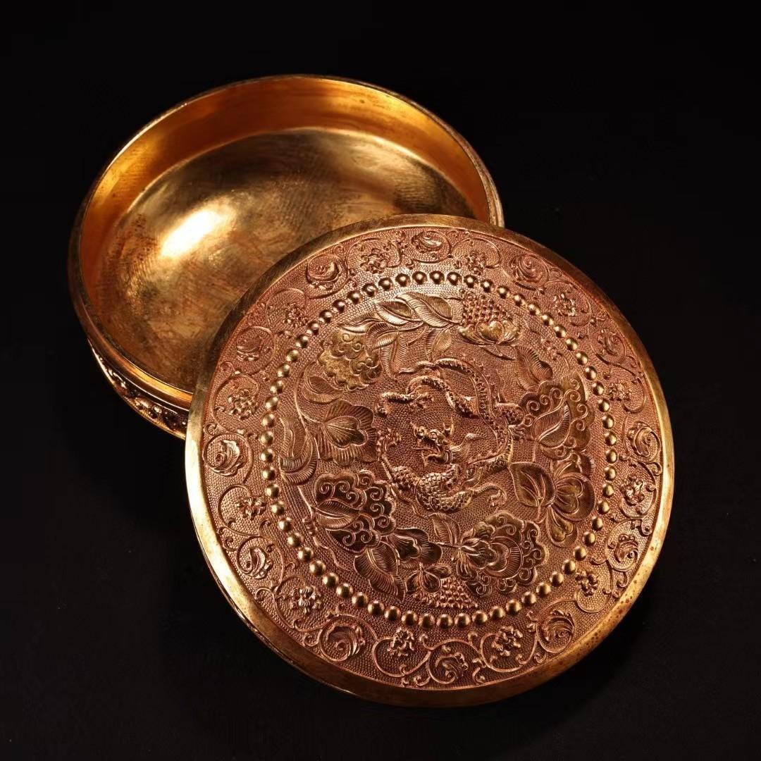 中国古美術・旧藏紫銅鎏金龍の首飾箱・細密彫・純手作り・高浮彫・文房・置物・茶道具