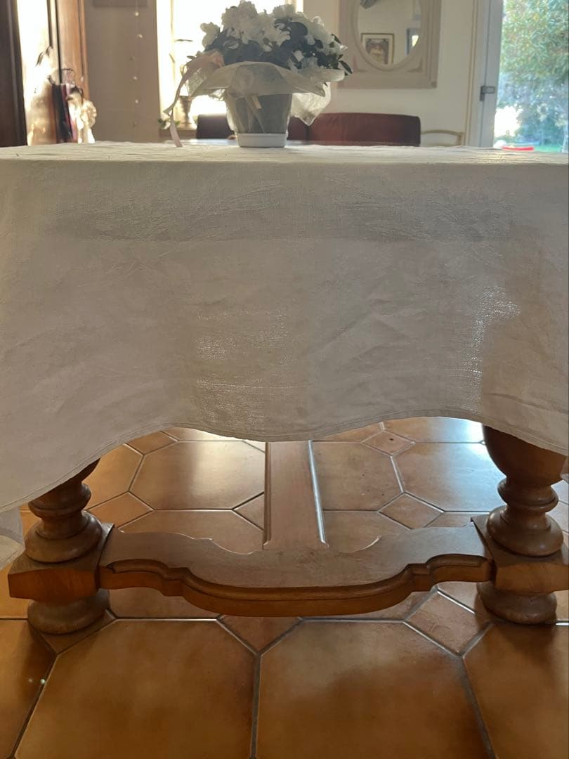 ◆フランスアンティーク｜大判リネン赤イニシャル刺繍テーブルマルチクロスダマスク織