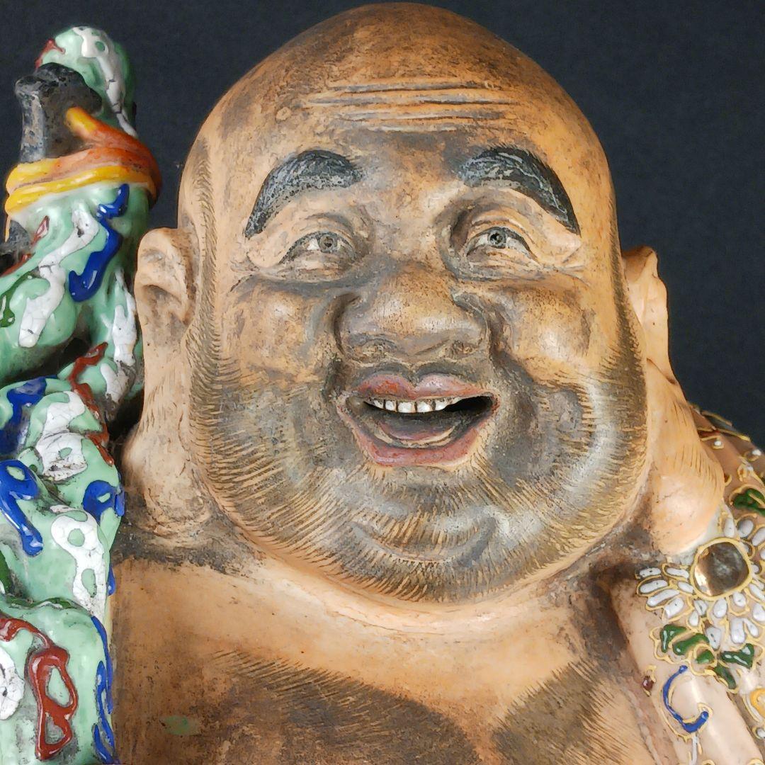 Y3122-9 九谷焼 色絵金襴手鳳凰布袋像 置物 高さ42㎝