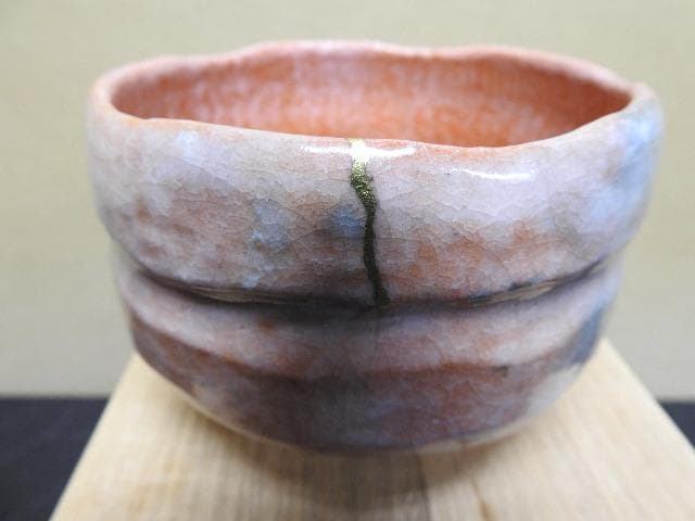 小川長楽　赤茶碗金ツギあり　共箱　MA263