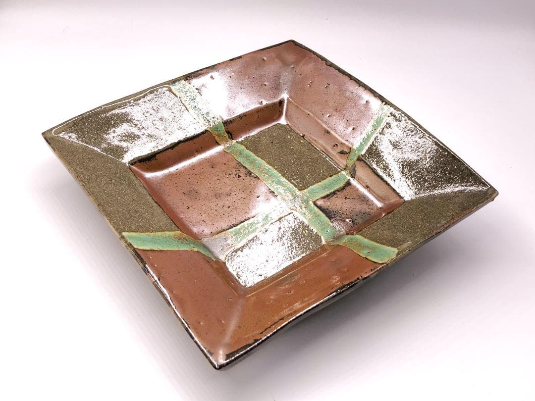 【 人間国宝 浜田庄司 】　柿釉青差角盛皿 40cm本人作　蔵出初品