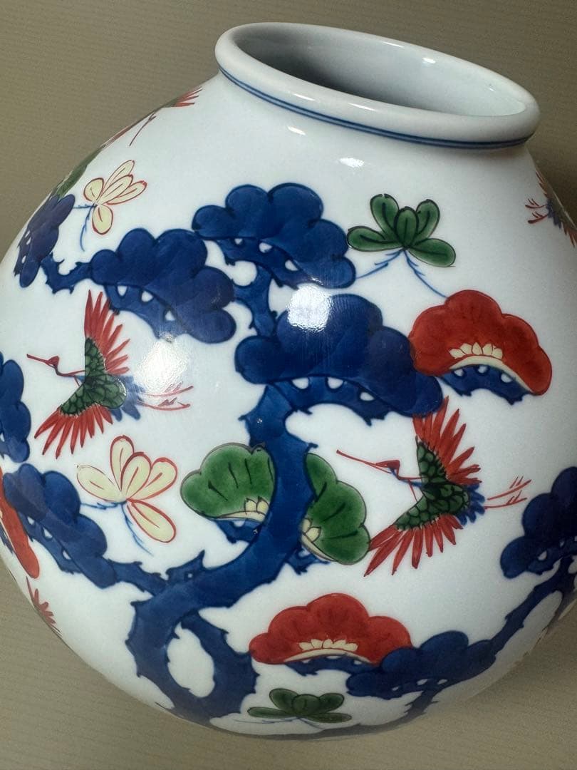 2133 源右衛門　染錦松鶴　花瓶