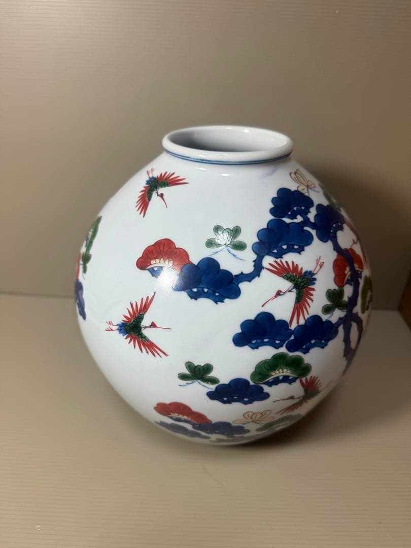 2133 源右衛門　染錦松鶴　花瓶