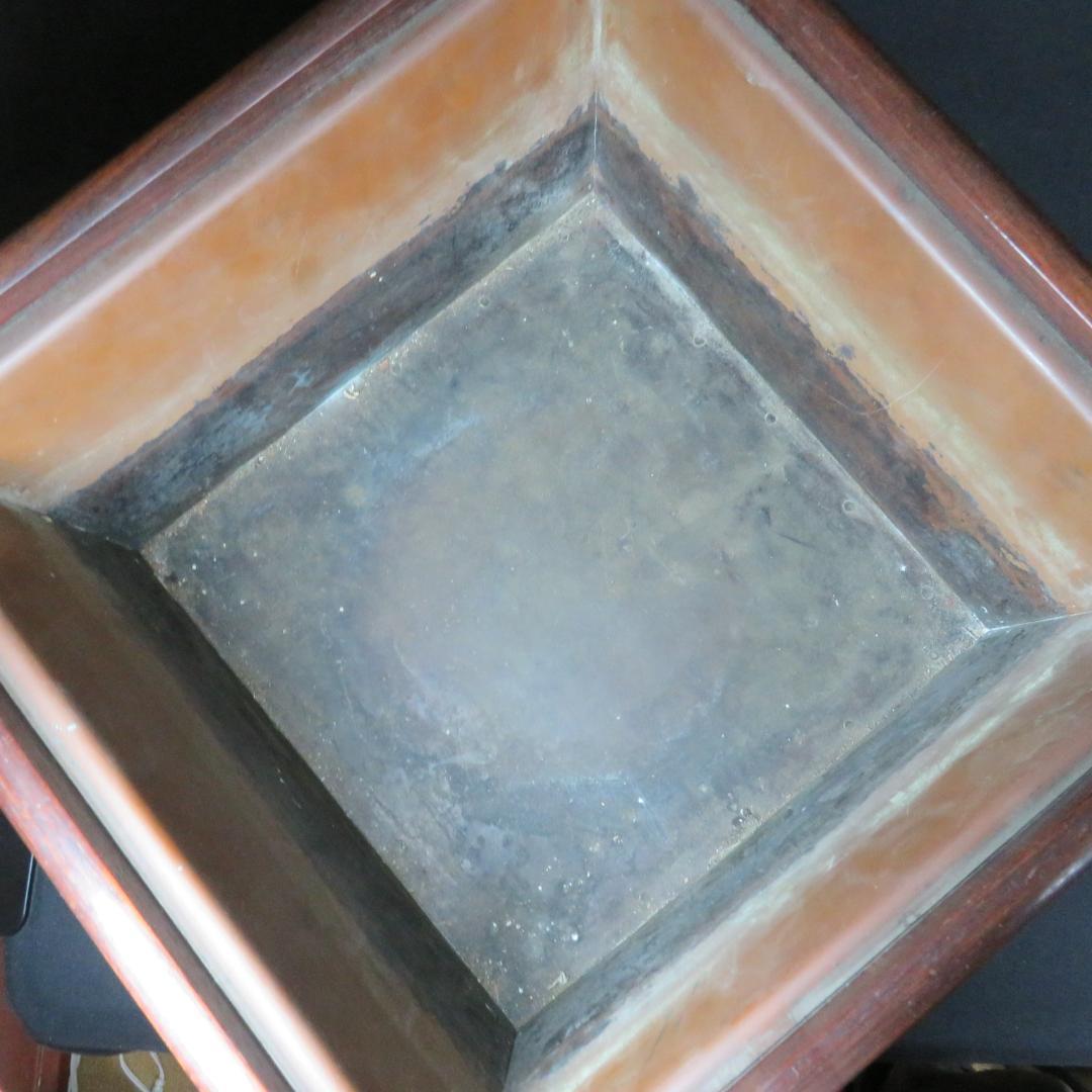 角火鉢 紫檀製 木製 瓢箪取っ手 内銅 囲炉裏 手あぶり A