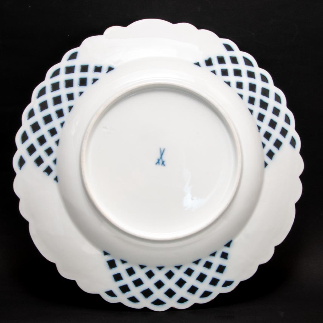 古マイセン 金彩 ワトー恋人文 コバルトロカイユ窓 透かし絵皿 直径 29cm