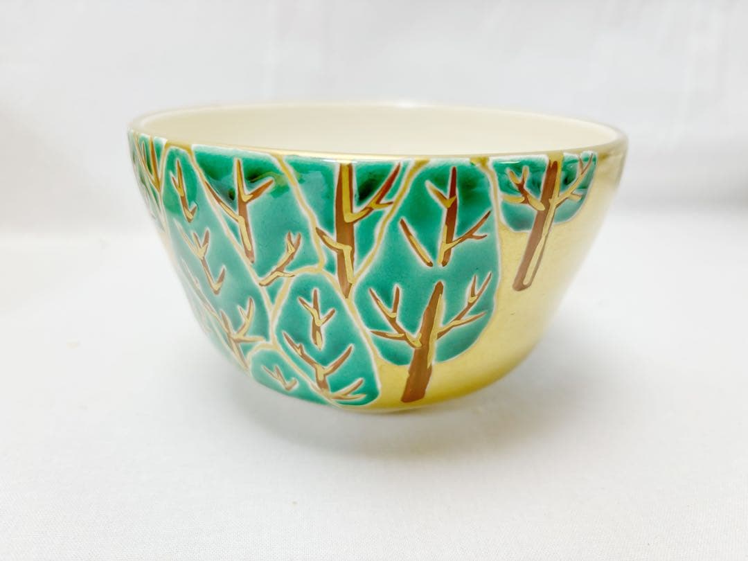 未使用 茶道具 平安御室窯 金彩 毛毬の森絵 茶碗 陶印 共布 共箱 二重箱