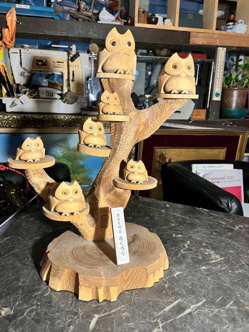 フクロウ木彫り、木彫りフクロウ、幸せを呼ぶふくろう、梟、7羽のふくろう木彫り