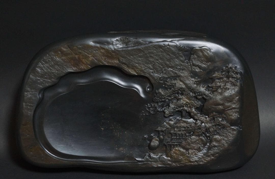 書道硯 歙州硯 金星硯 細工浮き彫り『山水風景文』大型硯 すずり 共箱 文房四宝