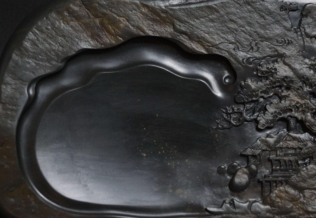 書道硯 歙州硯 金星硯 細工浮き彫り『山水風景文』大型硯 すずり 共箱 文房四宝