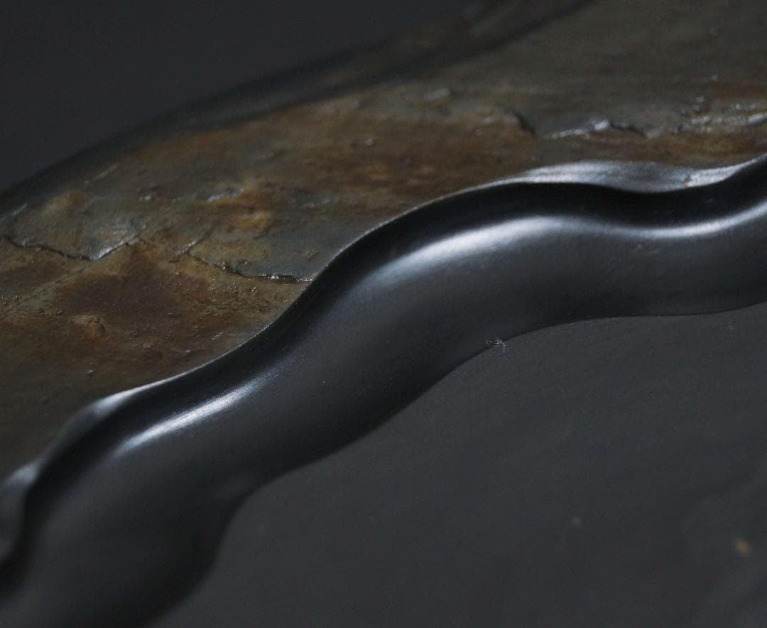 書道硯 歙州硯 金星硯 細工浮き彫り『山水風景文』大型硯 すずり 共箱 文房四宝