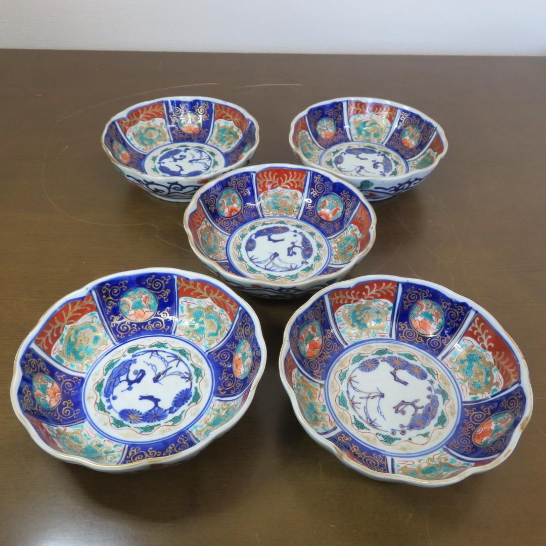 なます皿 5枚 ニュウ 金彩 松竹梅 龍 牡丹 蛸唐草 江戸 明治