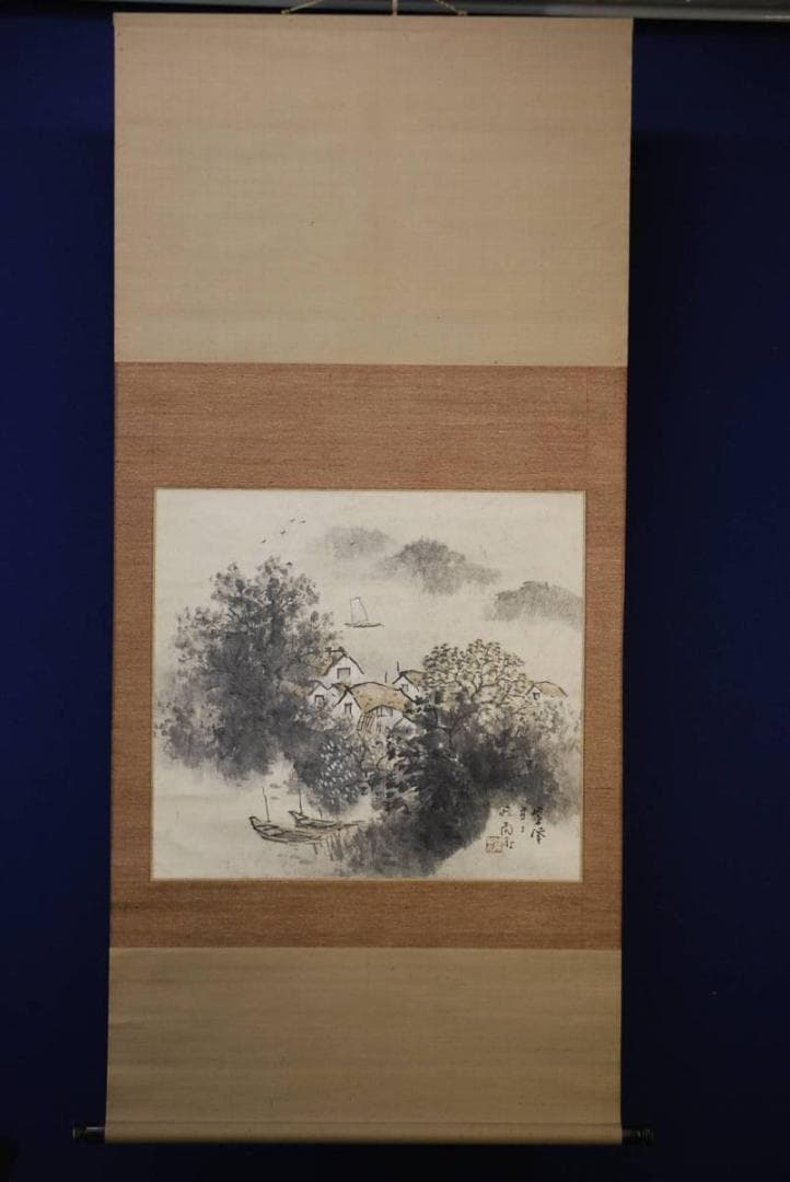 真作/雪峰/山水帰帆図/布袋屋掛軸HD-340