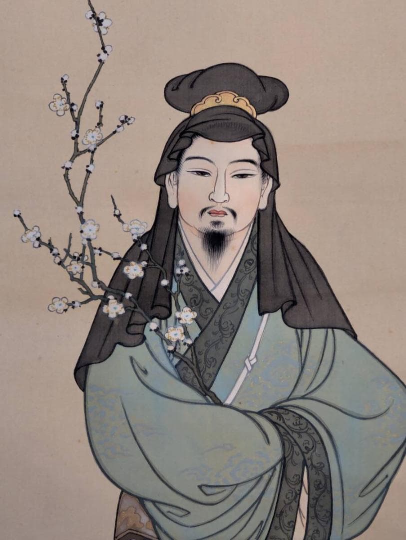 【真作】掛軸　奥村恭法　渡唐天神之図　梅花人物像　彩色日本画　共箱入　U15