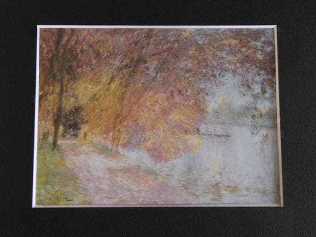 岡義実、【マルヌ河の秋】、希少な額装用画集より、新品額装付、状態良好