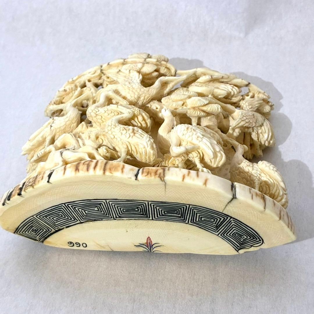 マンモス牙彫刻　細密彫刻鶴