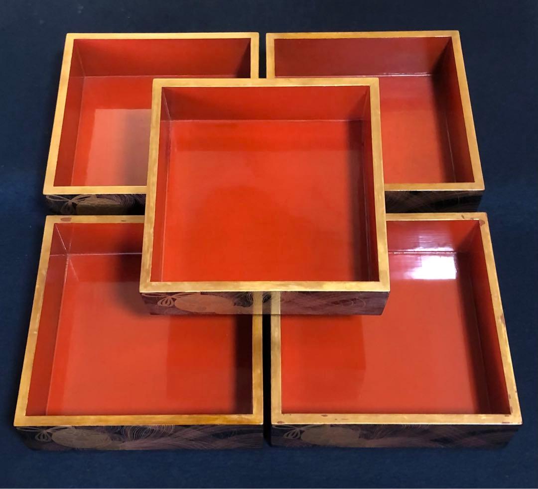 割引❗️《R》時代 黒内朱 梨地 蒔絵 五段重 替蓋 重台付 木箱251127お1