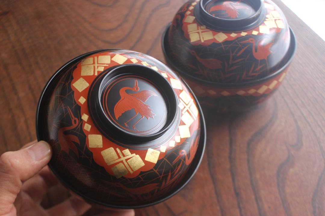 デッドストック！上質黒漆に極上秀衡蒔絵の映えるお椀2点（検山中塗