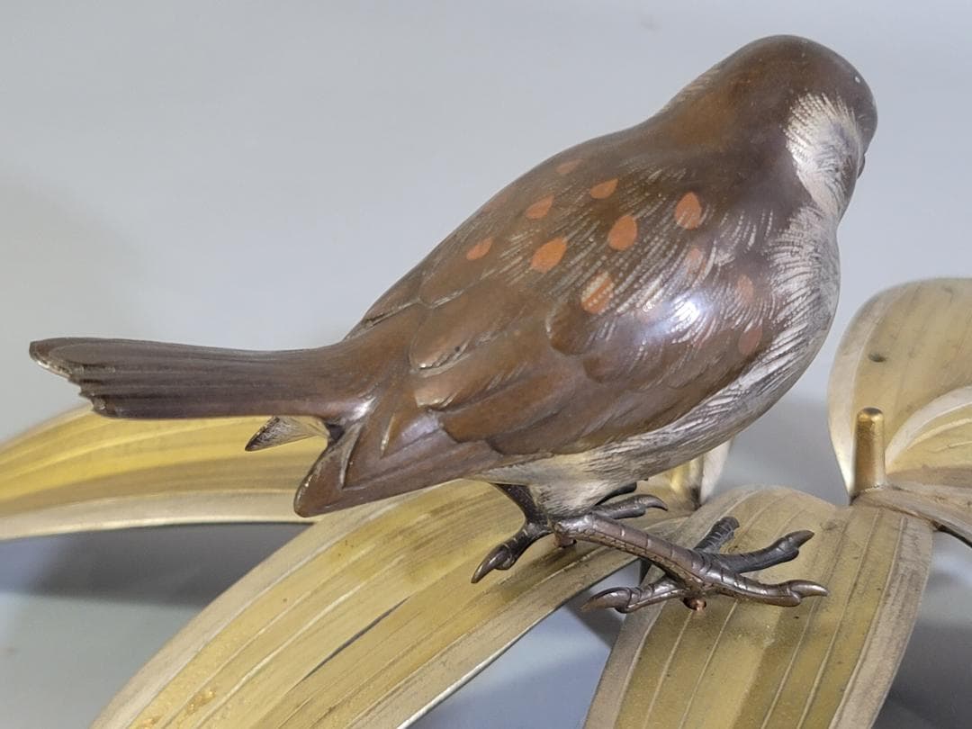 DT368 銅製 瑞雀笹 置物 共箱