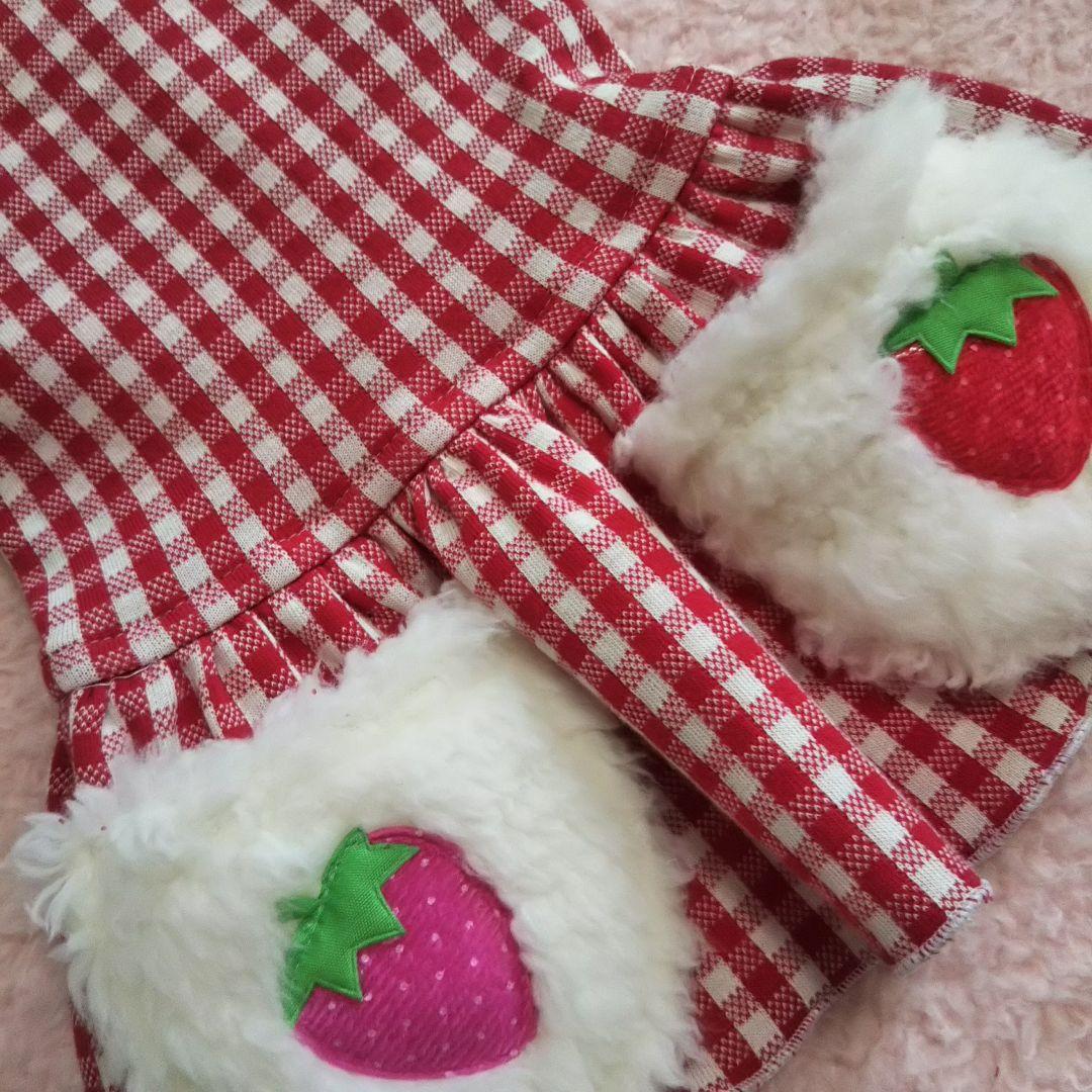 犬服 No.144 ふわふわいちごのポケットわんぴ ハンドメイド