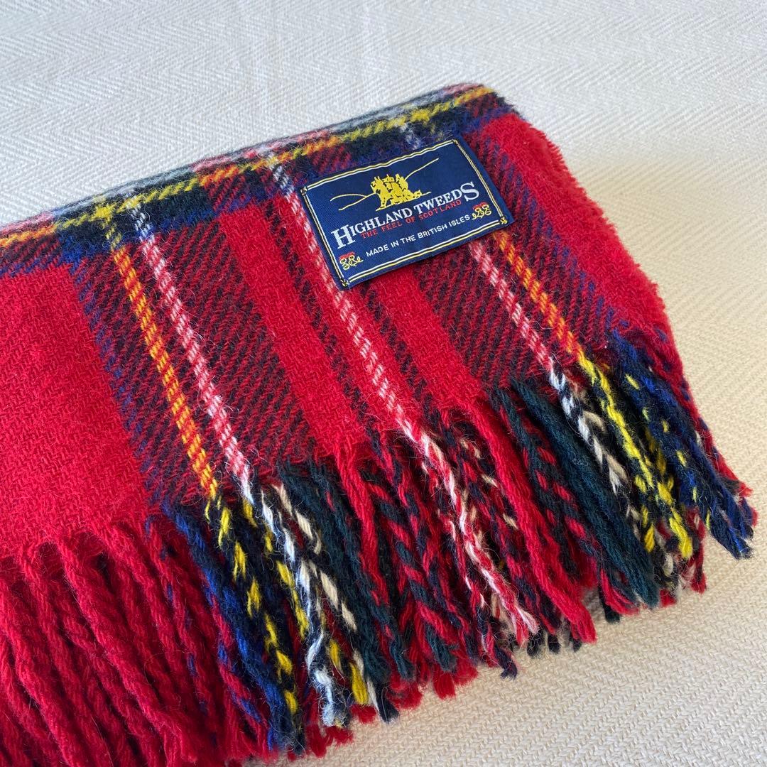 赤ハイランドツイード ウールブランケット イギリス製 タータンチェック 膝掛け