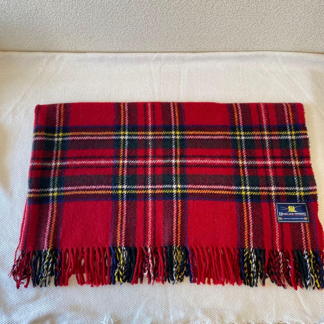 赤ハイランドツイード ウールブランケット イギリス製 タータンチェック 膝掛け