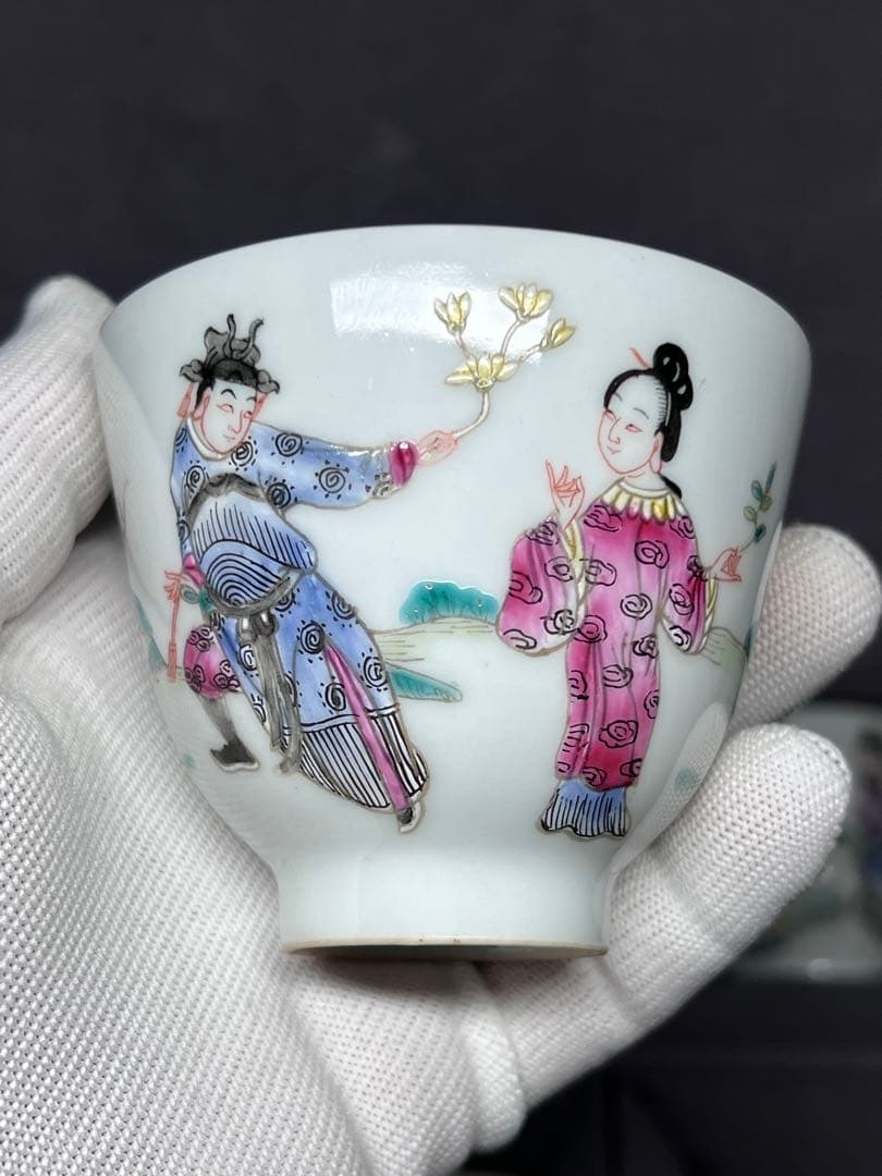 中国古美術 古磁 玩玉在銘 湯呑み 6点セット 手描き 細工粉彩 茶道具 箱付き