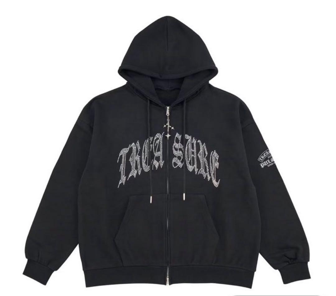 「出回り少」TREASURE ジップアップフーディー Lサイズ 黒 ラメパーカー