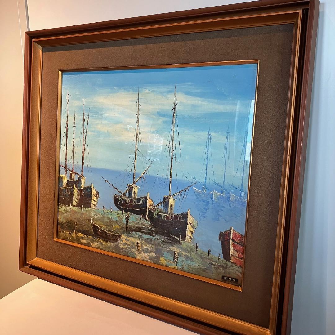 輸入品 絵画 油絵 august作 港 port 風景画 64×71.5 大