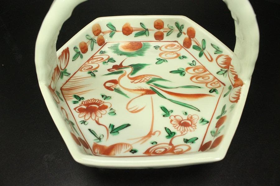 奥田穎川写 赤絵 手付鉢 三浦竹泉作 在印(ZE614)