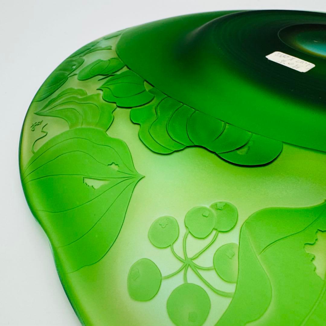 【硝子工芸　山田美彌子　月の宵　大皿　共箱】インテリア　グリーンガラス