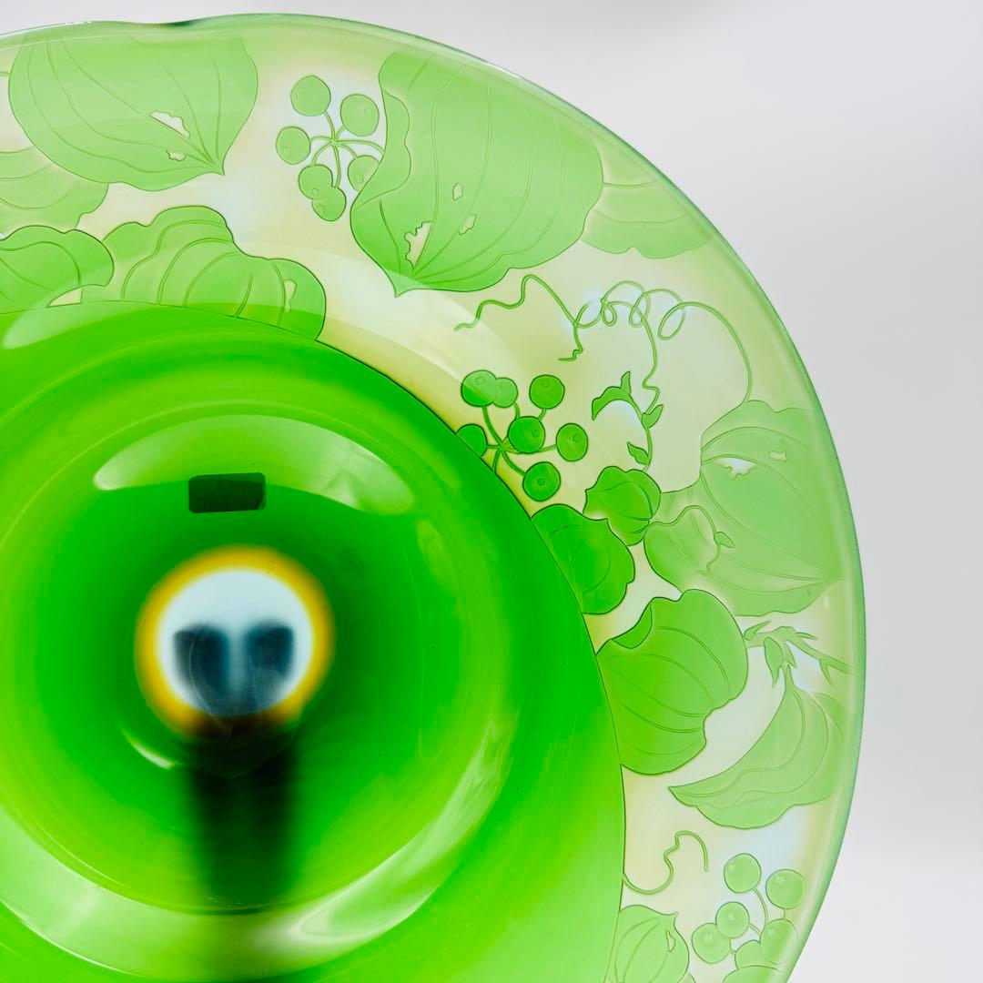 【硝子工芸　山田美彌子　月の宵　大皿　共箱】インテリア　グリーンガラス