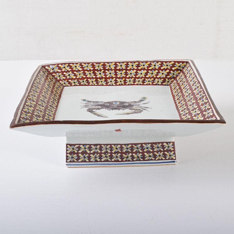 九谷焼　武腰潤作　色絵夏蟹更紗文　四方台皿　共布共箱　Y　R8415B