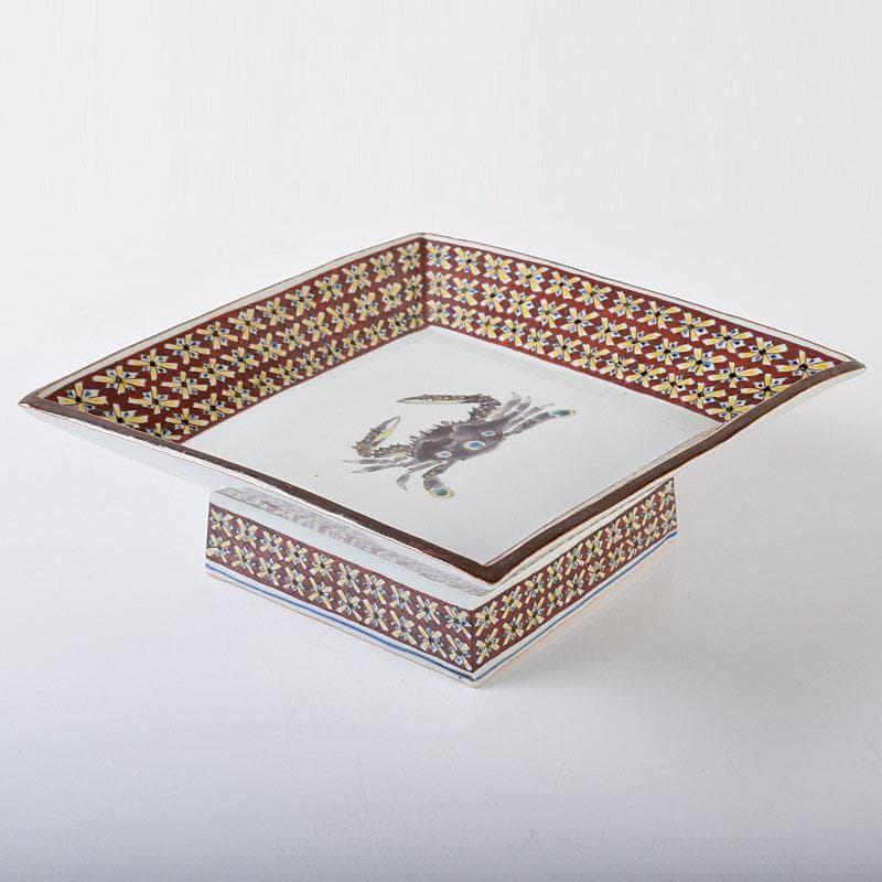 九谷焼　武腰潤作　色絵夏蟹更紗文　四方台皿　共布共箱　Y　R8415B