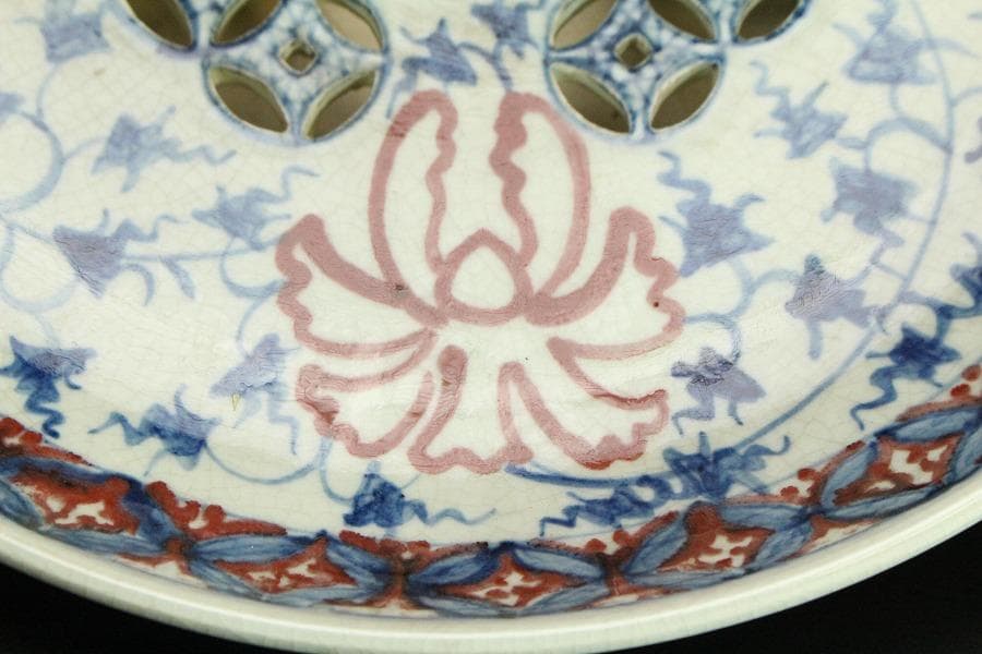 中国美術 赤絵青花 纏枝蓮花紋 壷盤 φ30.5cm(LC178)