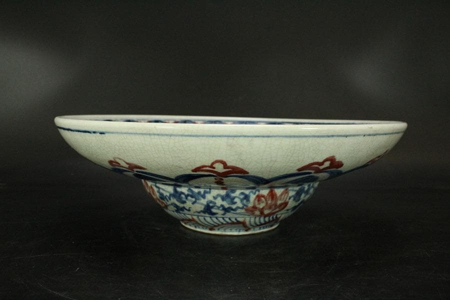 中国美術 赤絵青花 纏枝蓮花紋 壷盤 φ30.5cm(LC178)