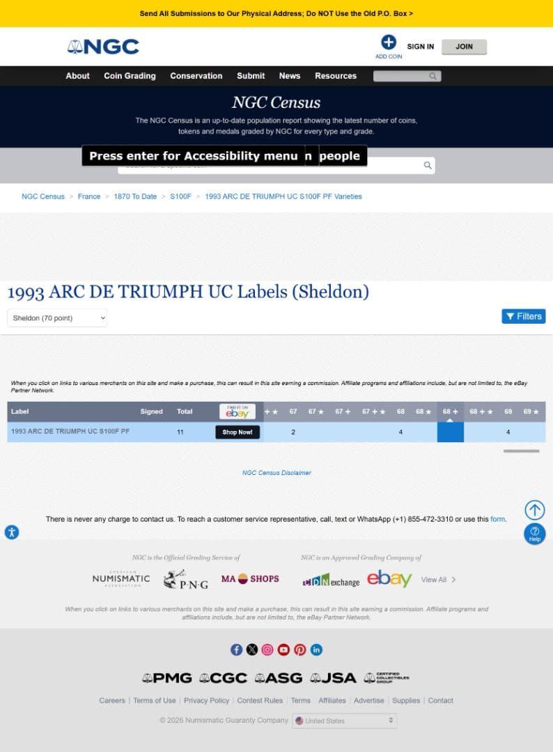 Top pop NGC-PF69 フランス 1993 凱旋門 製造20000枚