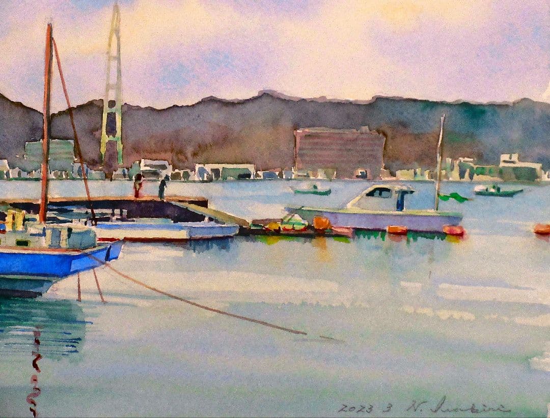 水彩画 港の風景 2023作 原画 F6サイズ 額装済み