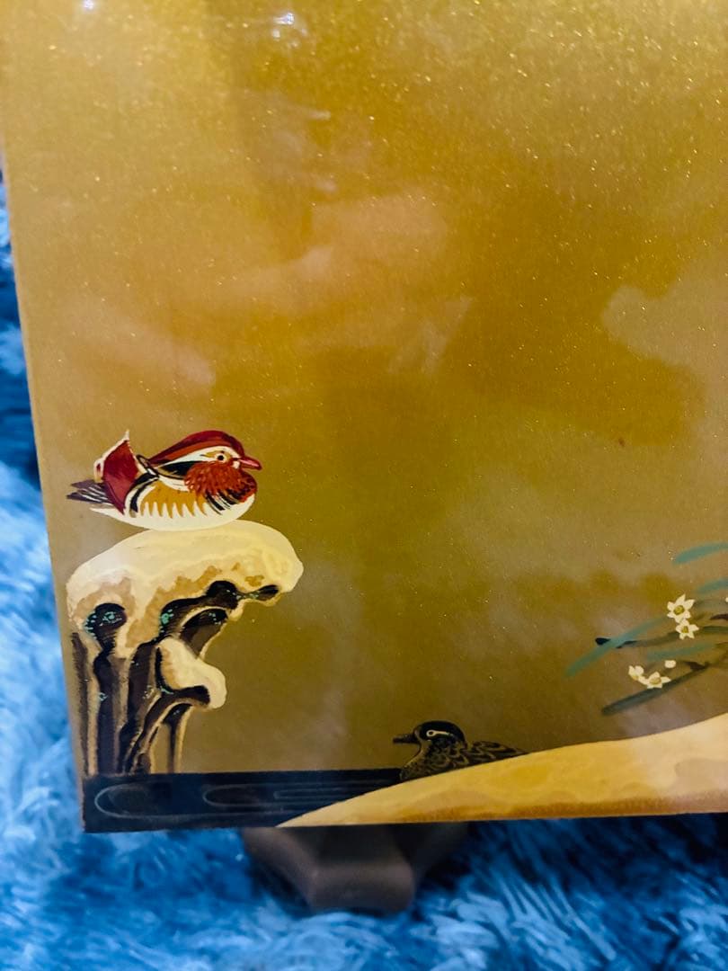 【野畑直子】作 金地漆絵四季花鳥図碁盤 碁笥 本蛤那智黒碁石 約42x45cm