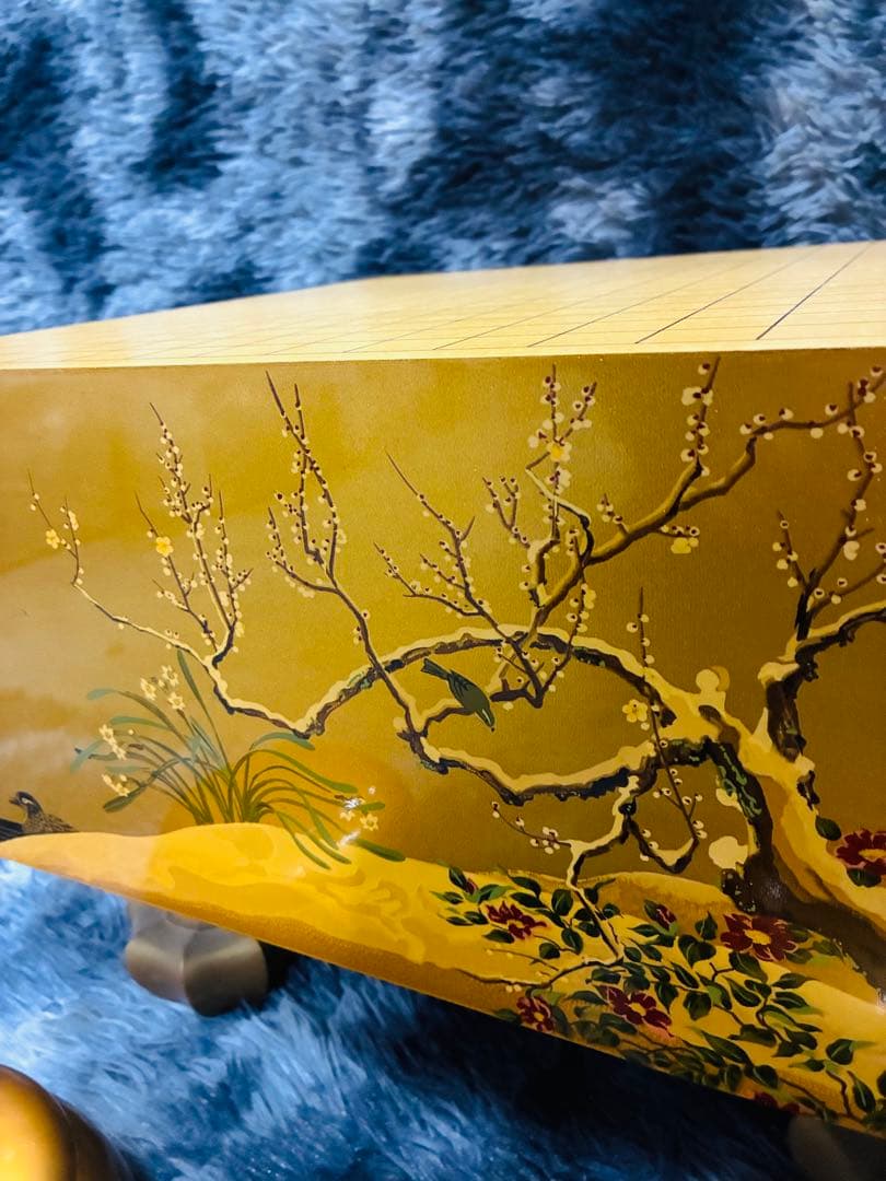 【野畑直子】作 金地漆絵四季花鳥図碁盤 碁笥 本蛤那智黒碁石 約42x45cm