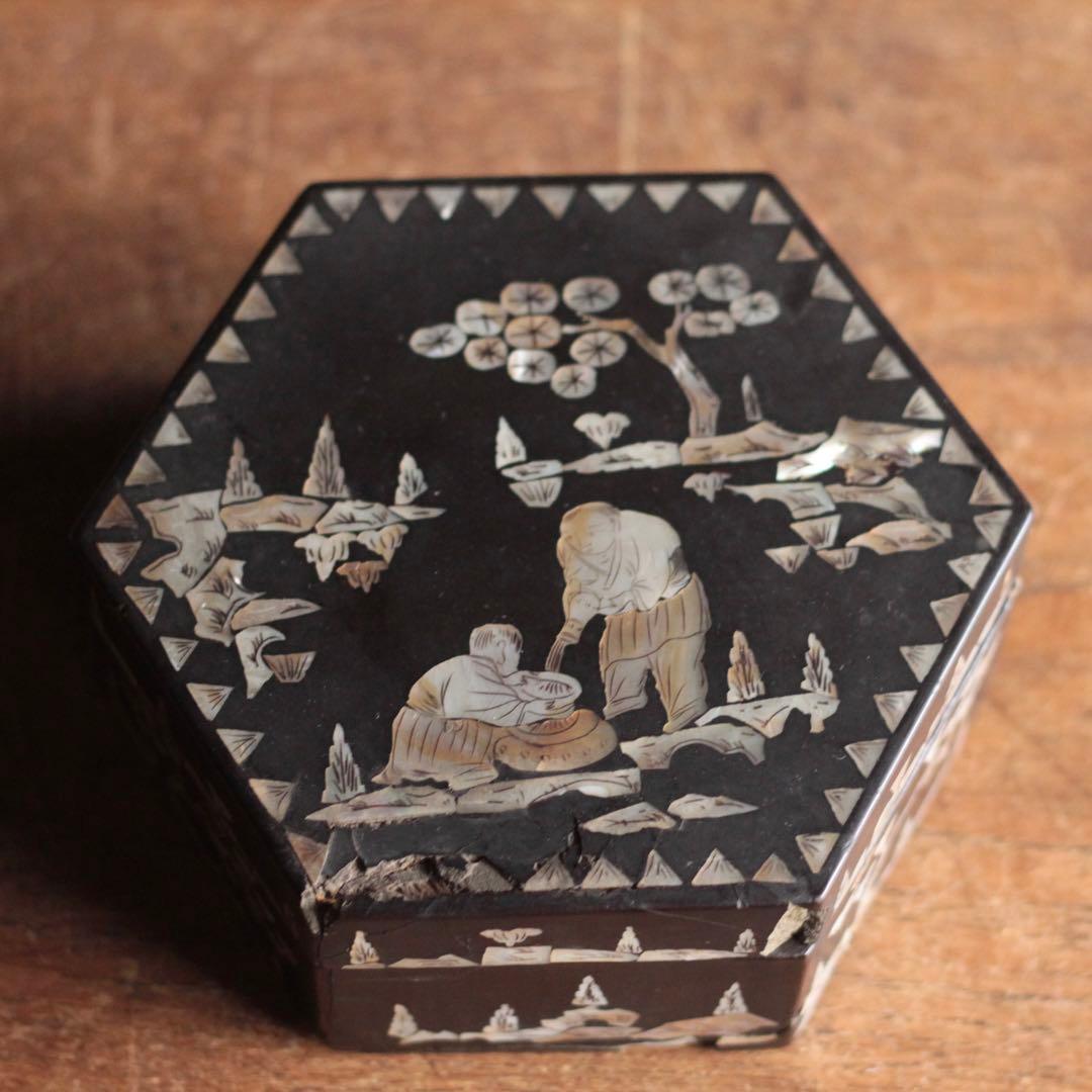 李朝 螺鈿 六角 蓋物 朝鮮美術 古美術 古道具 アンティーク