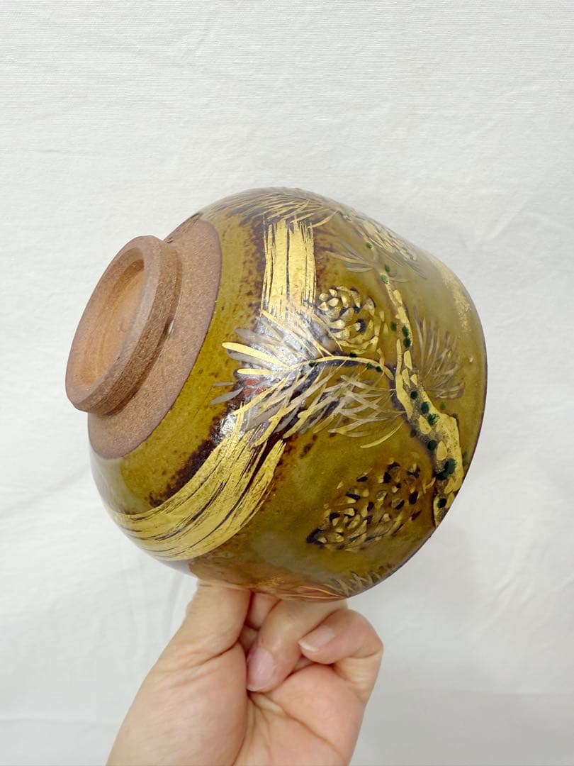 未使用 茶道具 深山造 仁清 松毬 茶碗 金縁 陶印 共布 共箱